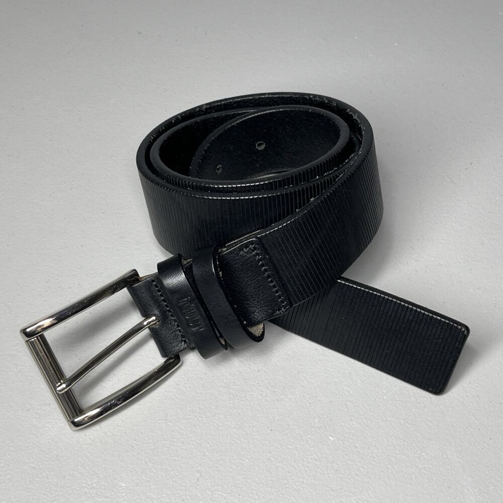 Joop! Italian Leather Belt Mens 32 Black Ribbed Silver Tone Brass Buckle Italy